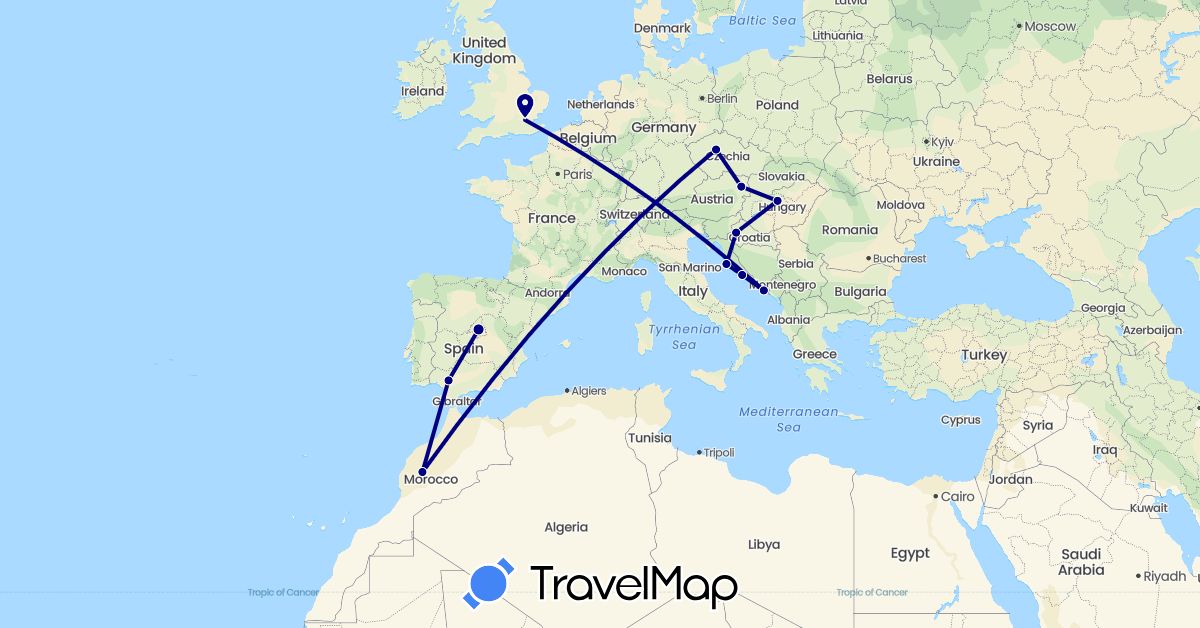 TravelMap itinerary: driving in Austria, Czech Republic, Spain, United Kingdom, Croatia, Hungary, Morocco (Africa, Europe)